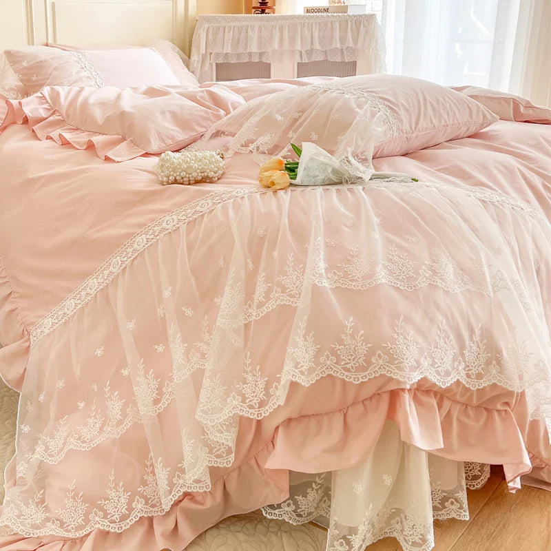 Afralia™ French Princess Lace Ruffles Bedding Set, 100% Cotton, Pink Romantic Theme