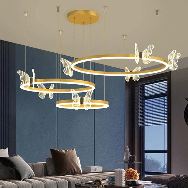 Afralia™ Gold Butterfly LED Round Ceiling Chandelier for Living Room and Bedroom