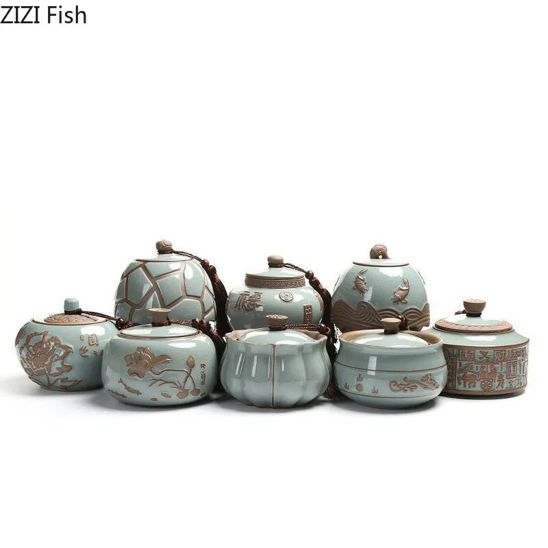 Afralia™ Ceramic Tea Canister with Lid Ice Crack Texture | Coffee Table Desk Decor Jar