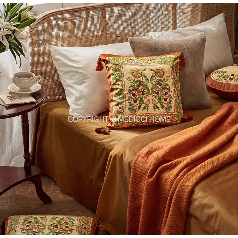 Afralia™ Gobelin Tapestry Style Reversible Cushion Cover with Tassels and Retro Birds Floral Decor