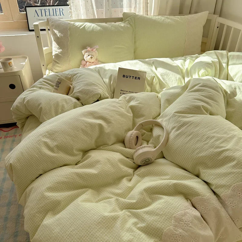 Afralia™ Lace Duvet Cover Bedding Set 4Pcs French Washed Cotton for Single Double Bed