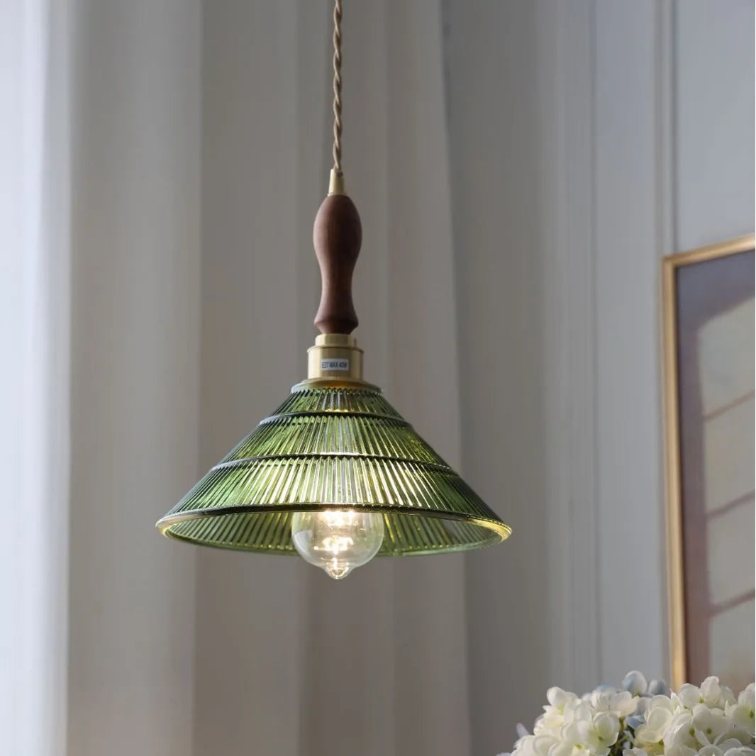 Afralia™ Walnut Wood LED Pendant Light Fixture with Adjustable Green Glass Shade