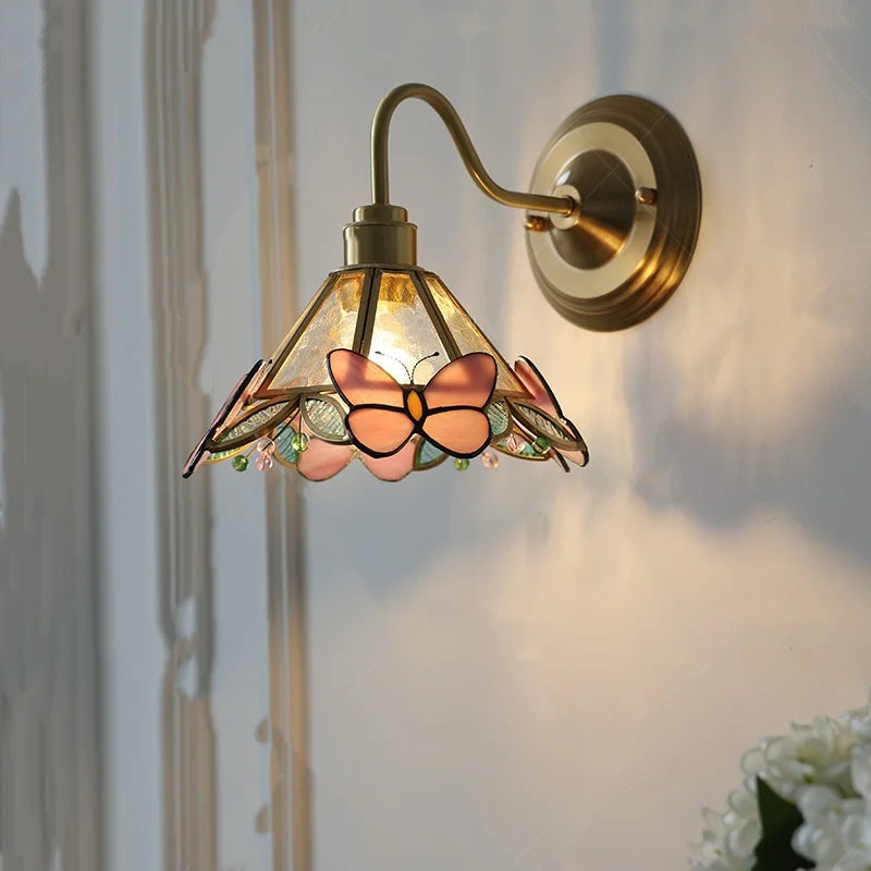 Afralia™ Pink Glass LED Wall Sconce Nordic Brass Fixture