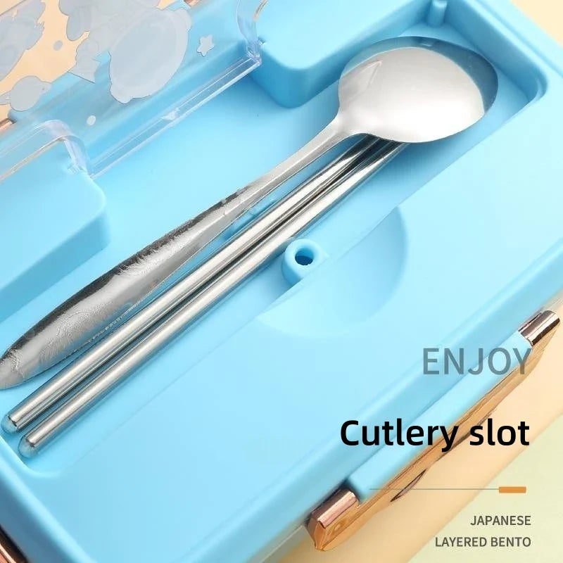 Afralia™ Kids Cartoon Bento Lunch Box with Fork Spoon, Heated 3 Grid Sandwich Snack Box