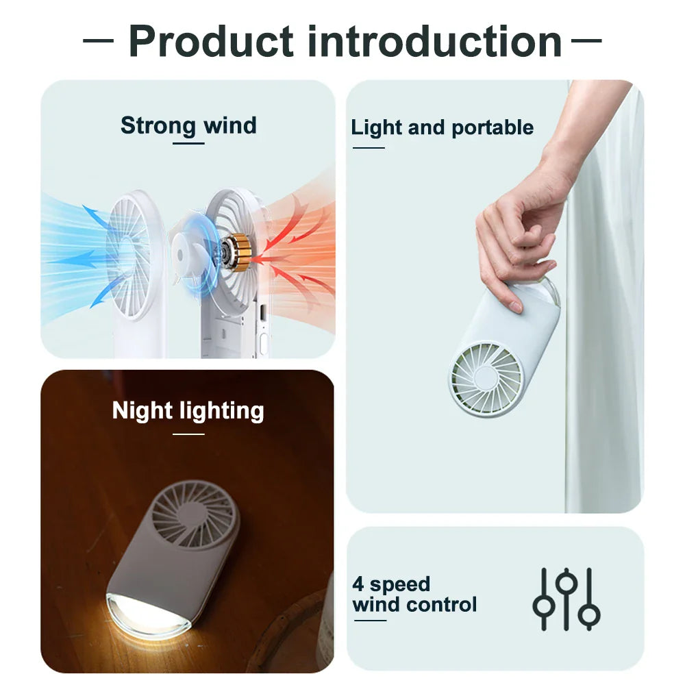 Afralia™ Mini Fan Night Light LED Rechargeable USB Portable Handheld Quiet Stand