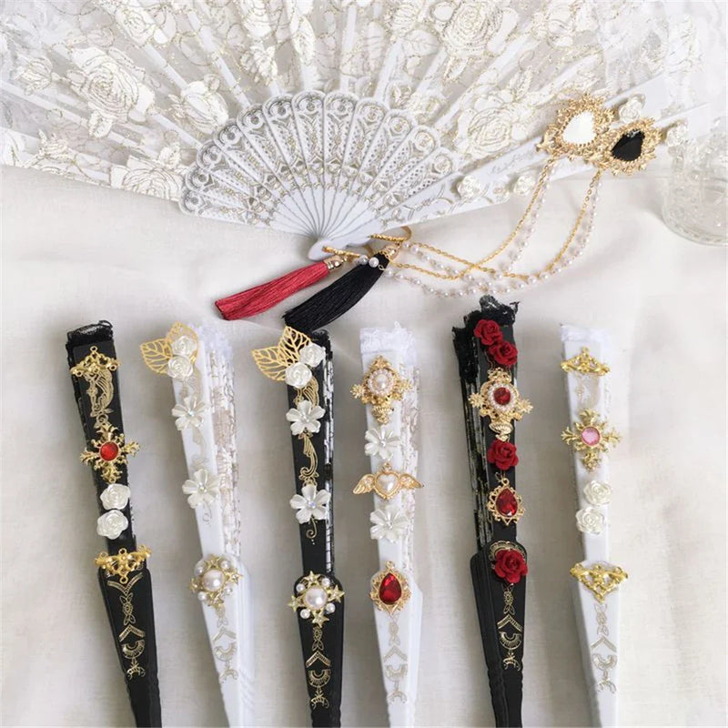 Afralia™ Elegant Gemstone Handle Lace Fan for Dark Gothic Court Party