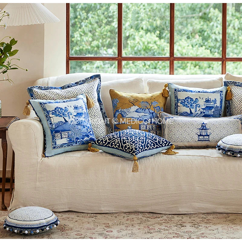 Afralia™ Blue Chinoiserie Home Pagoda Bolster Pillowcase 30x65 Luxury Cushion Cover