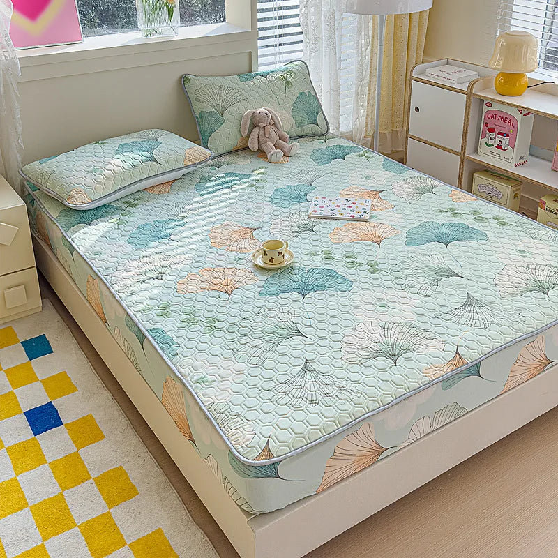 Afralia™ Cool Silk Latex Fitted Sheet Set with Pillowcases, Summer Ice Silk, Single Double Bed