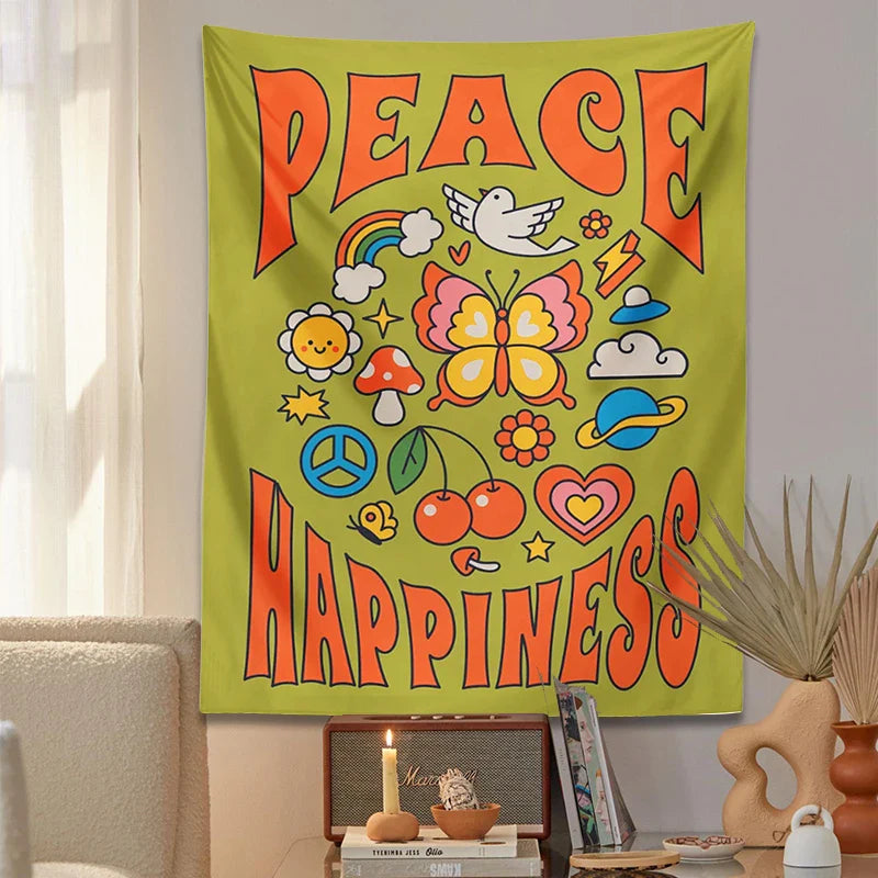 Afralia™ Hippie Trippy Tapestry: Flower Peace Happiness Butterfly Rainbow Sun Wall Decor