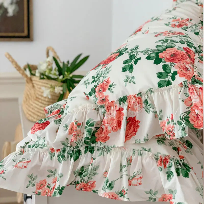 Afralia™ French Vintage Rose Print Bedding Set with Lace Ruffles and Linen Details