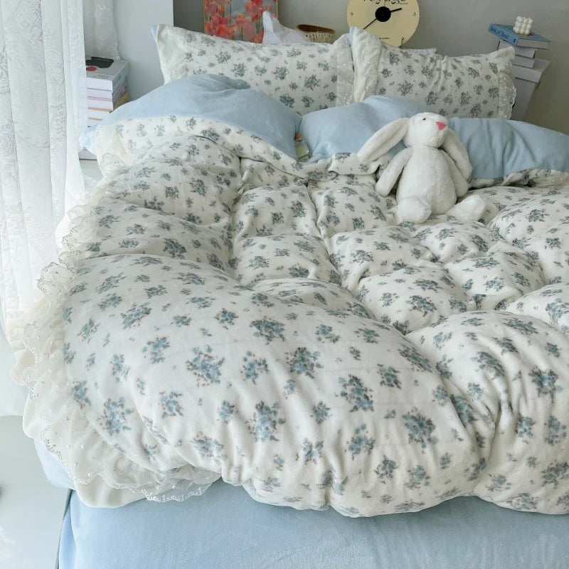 Afralia™ Vintage French Lace Ruffles Bedding Set with Winter Warm Velvet, Single Queen King Size