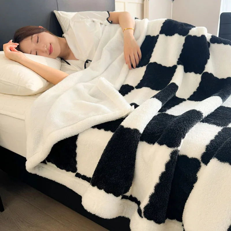 Afralia™ Velvet Checkerboard Blanket - Double Layered Thick Coral Fleece Sofa Cover