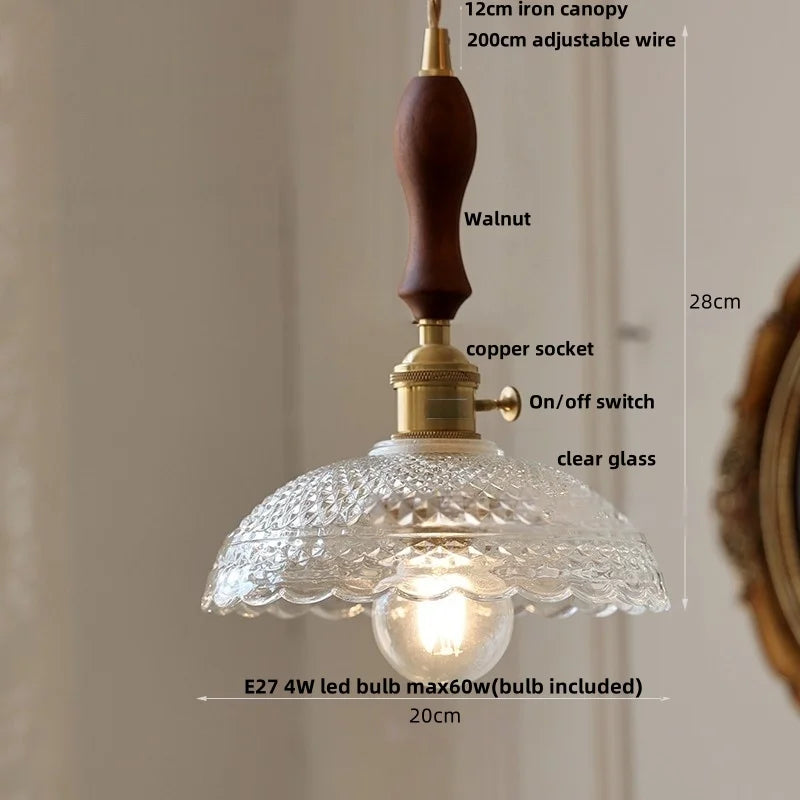 Afralia™ Flower Glass LED Pendant Lamp Walnut Wood Knob Switch Copper Socket
