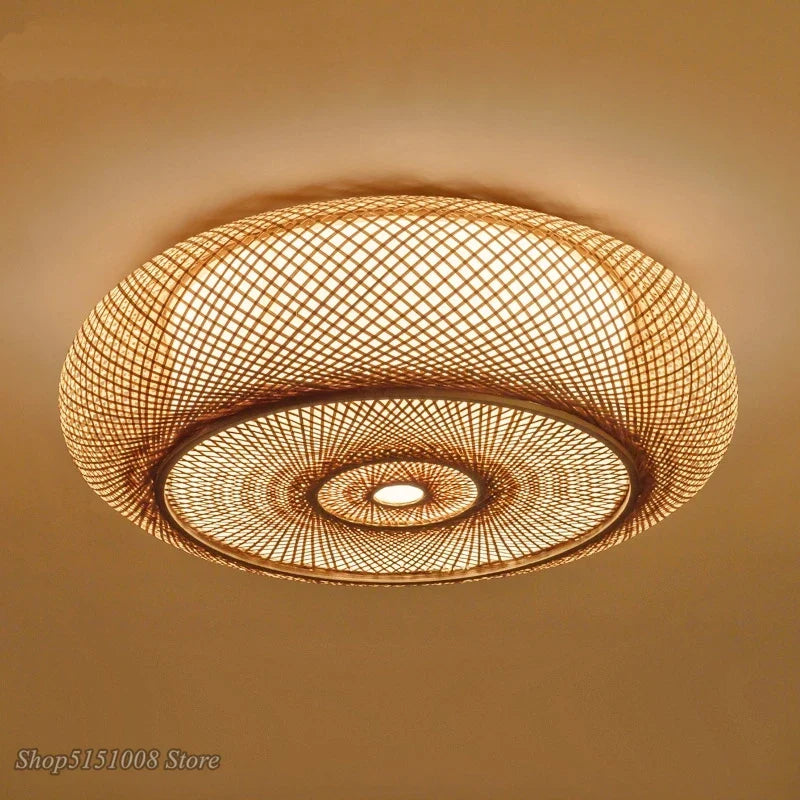 Afralia™ Bamboo Wicker Rattan Round Lantern Ceiling Light - Chinese Style Hand-Woven Fixture