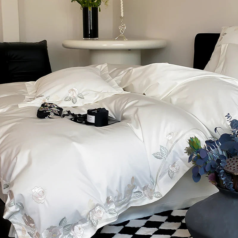 Afralia™ Luxury Rose Embroidery 1000TC Egyptian Cotton Bedding Set with Duvet, Sheet, Pillowcases
