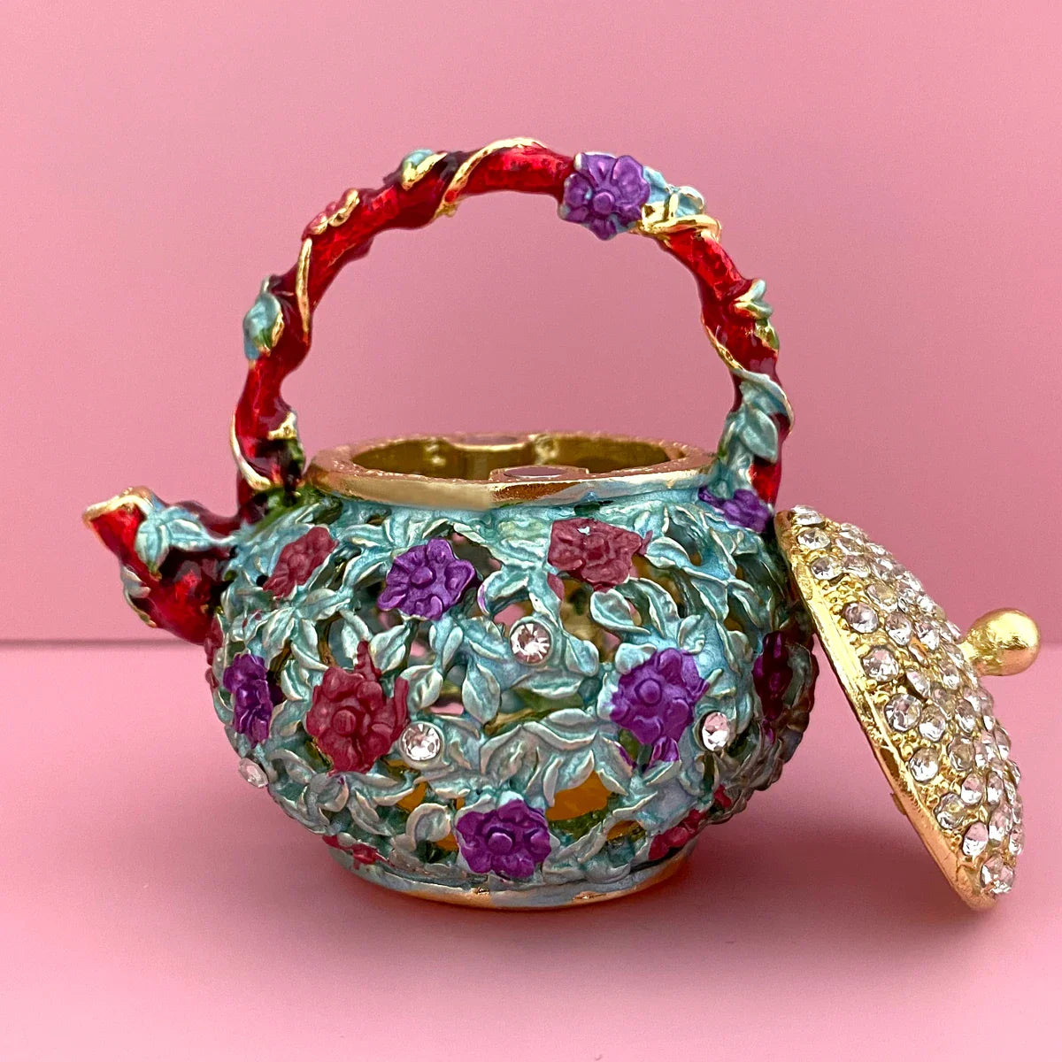 Afralia™ Metal Teapot Trinket Box Crystal Hinged Figurine | Jewelry Storage Ring Holder