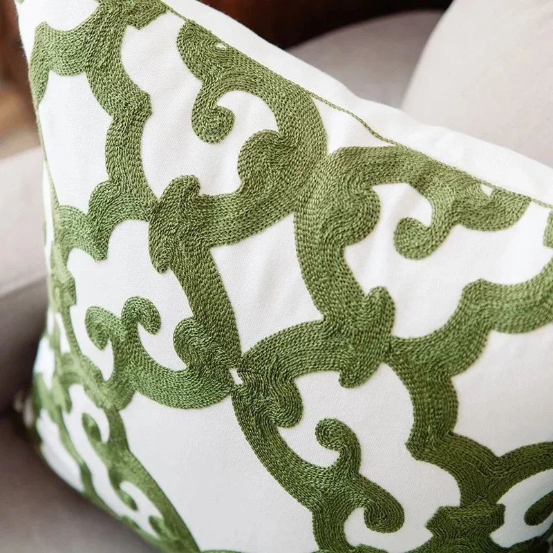 Afralia™ Green Geometric Canvas Cotton Embroidered Cushion Cover 45x45cm