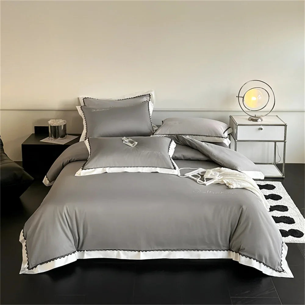 Afralia™ Hot Diamond Lace Egyptian Cotton Bedding Set: Sheet, Pillowcase, Duvet Cover, Full-Queen-King Size