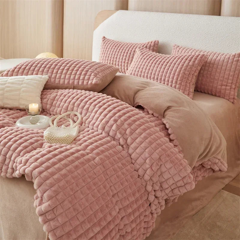 Afralia™ Faux Fur Bedding Set: Double Queen King Size Duvet Cover Sheet Pillowcase