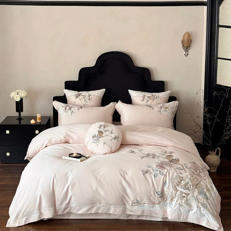 Afralia™ 5-Piece Chinese Flowers Bird Embroidery Bedding Set, 1000TC Egyptian Cotton, Queen King