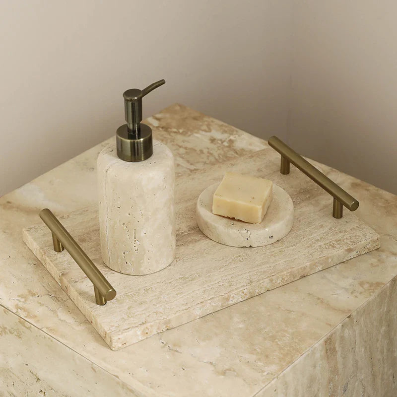 Afralia™ Beige Travertine Stone Tray with Golden Metal Handle