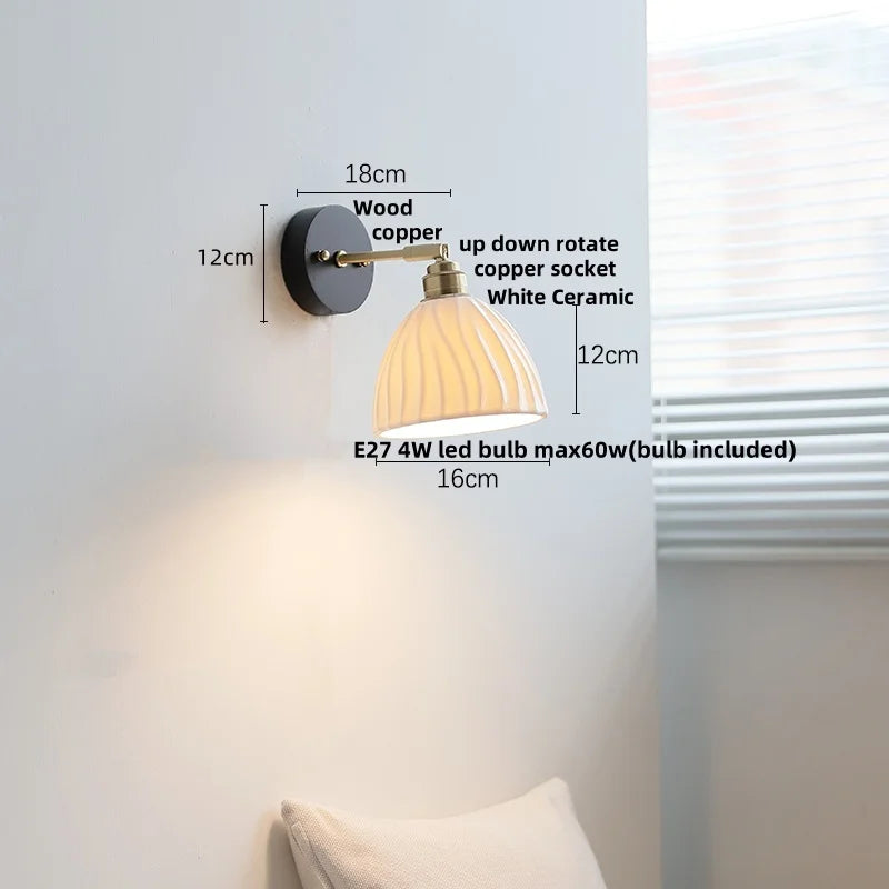 Afralia™ White Ceramic LED Wall Lamp Wood Canopy Sconce Reef Pull Chain Switch