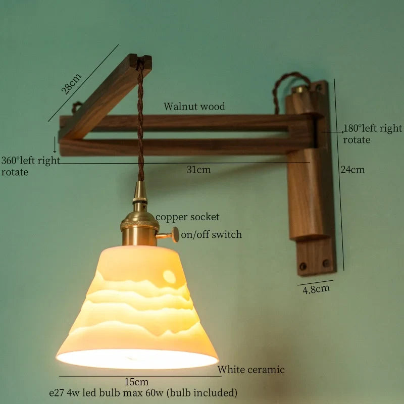 Afralia™ Walnut Wood LED Wall Lamp Copper Ceramic Minimalistic Loft Light