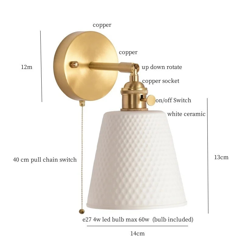 Afralia™ Ceramic LED Wall Sconce with Pull Chain for Bedroom, Living Room, or Bathroom