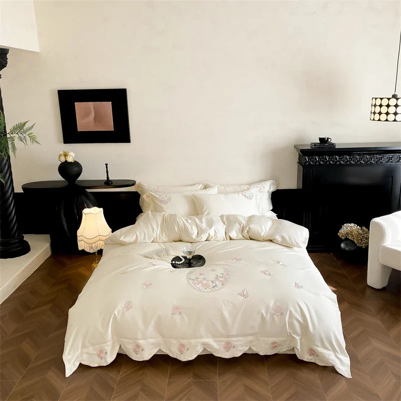 Afralia™ Rose Butterfly Embroidery Curved Edge Bedding Set: Duvet Cover, Sheet Set, Pillowcases
