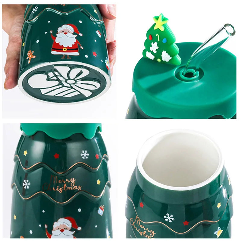 Afralia™ Christmas Tree Ceramic Mug with Lid Straw for XMAS Gift