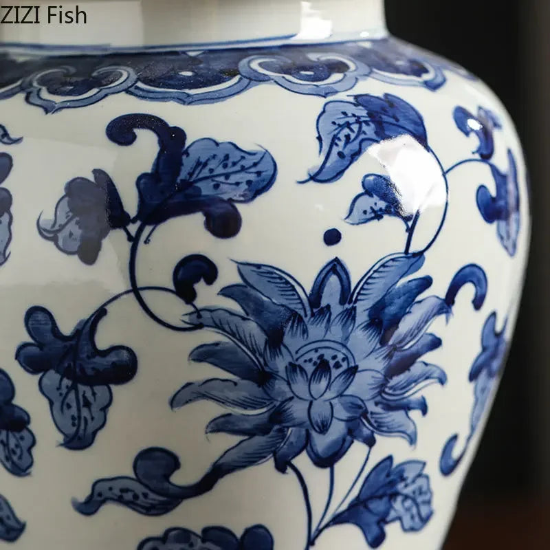 Afralia™ Blue White Porcelain Bird Flower Jar Tea Canister Vase Desk Decor