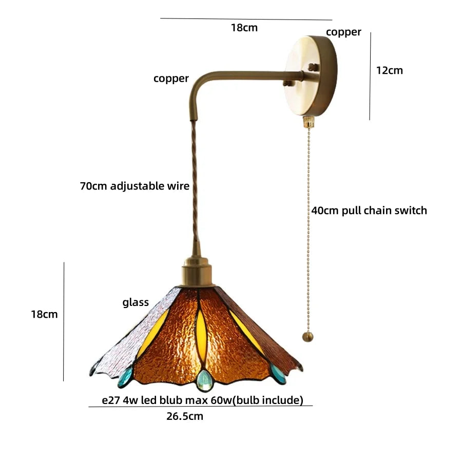 Afralia™ Tiffany Glass Adjustable LED Wall Sconce with Pull Chain Switch