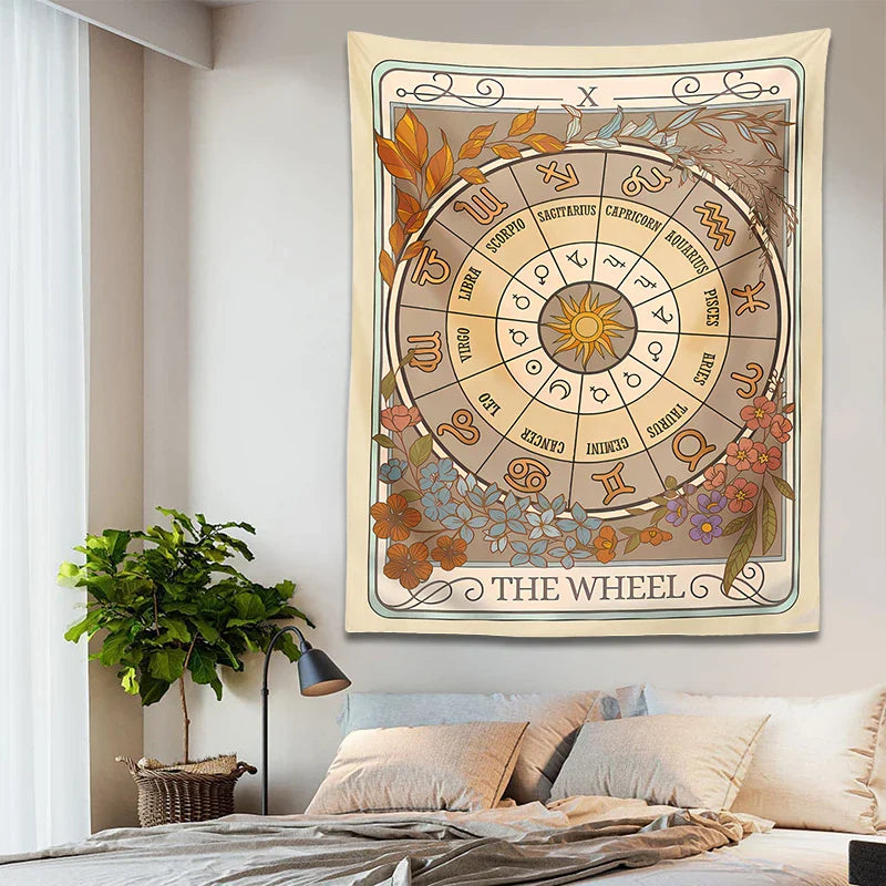 Afralia™ Wheel of Fortune Tarot Tapestry: Zodiac Astrology Celestial Wall Hanging Art