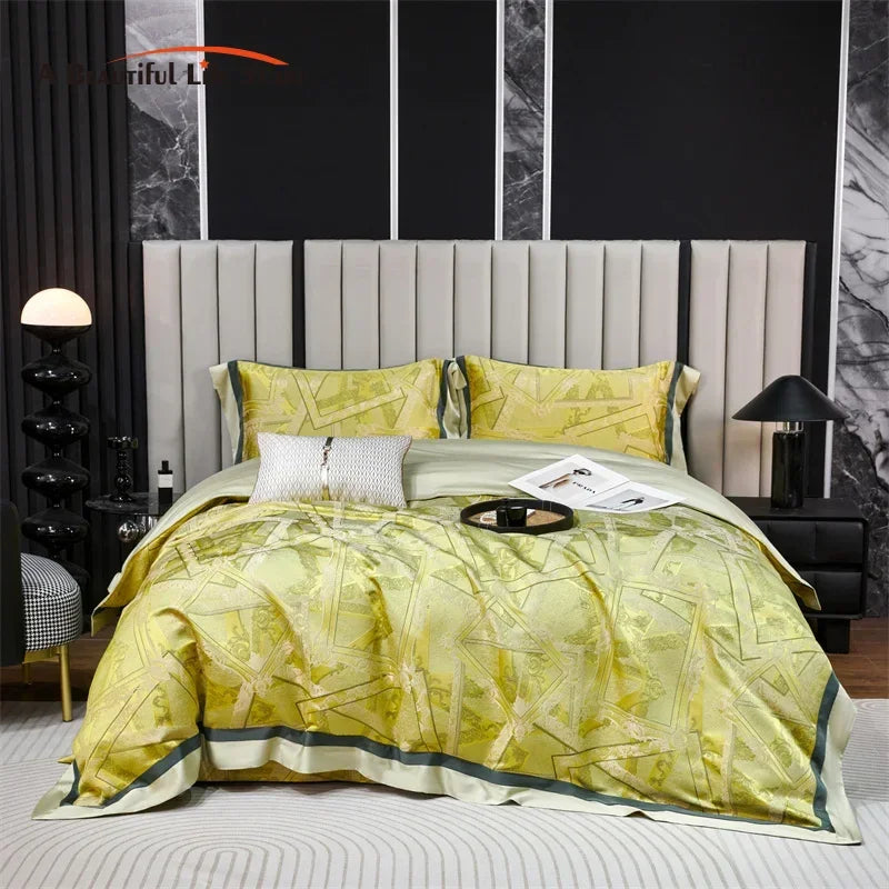 Afralia™ Luxury Jacquard Yellow Champagne Bedding Set with Satin Finish - 4-Piece