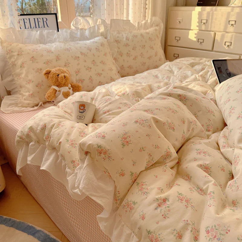 Afralia™ Floral Lace Ruffles Bedding Set 3/4Pcs Single Queen Size Duvet Cover