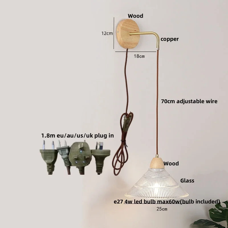 Afralia™ Clear Glass LED Wall Lights with Wood Pull Chain Switch - Modern Copper Stair Light
