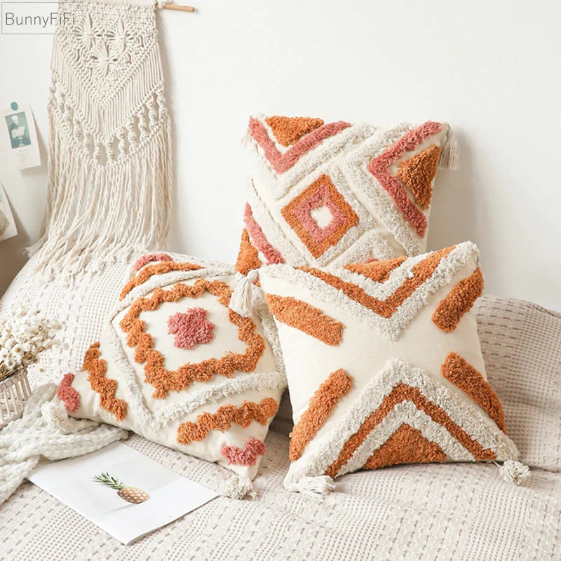 Afralia™ Tufted Orange Ivory Boho Tassel Cushion Cover 45x45cm