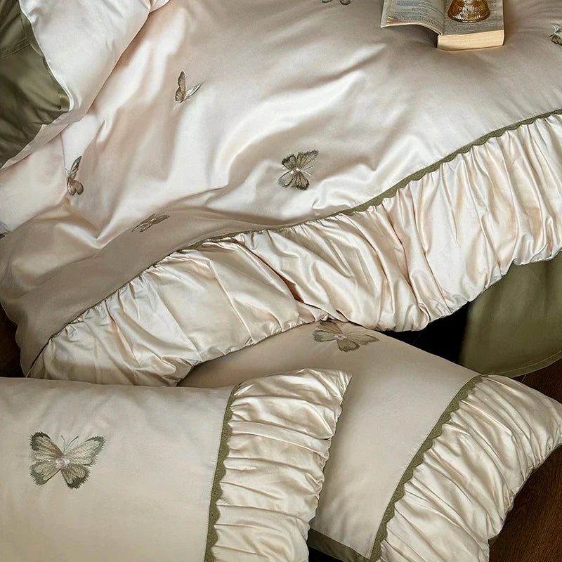 Afralia™ Butterfly Embroidery 1000TC Egyptian Cotton Bedding Set with Duvet Cover, Sheet, Pillowcases