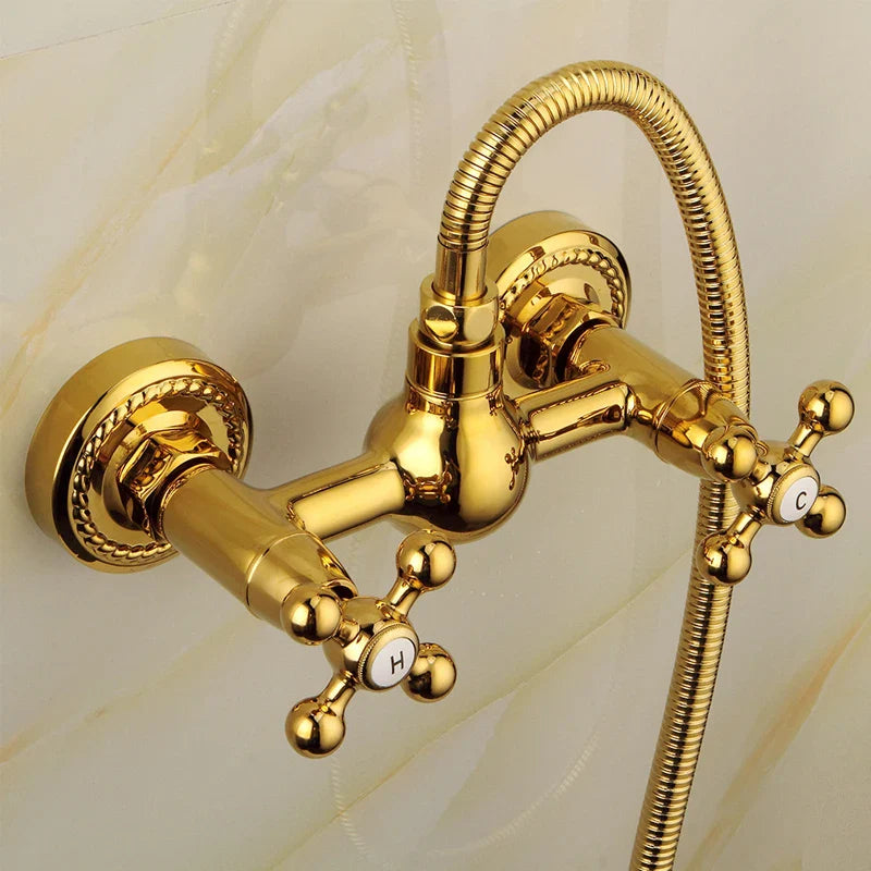 Afralia™ Classic Gold Brass Bathroom Shower Faucet Set with Wall-Mounted Dual Handle