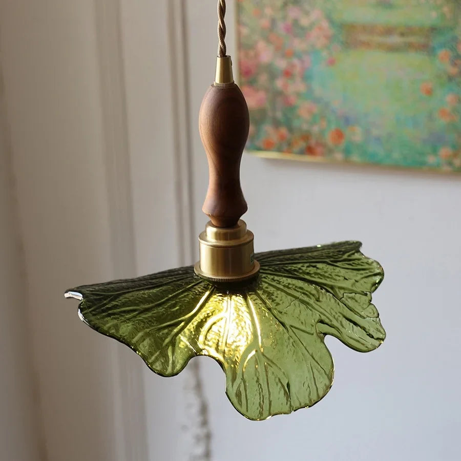 Afralia™ LED Pendant Lights Green Glass Copper Socket with Walnut Wood - Nordic Modern