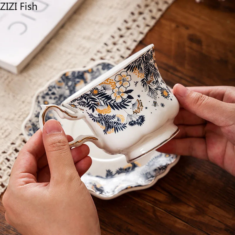 Afralia™ Blue & White Porcelain Classic Coffee Mug Set Gold Rim Tea Cup Saucer