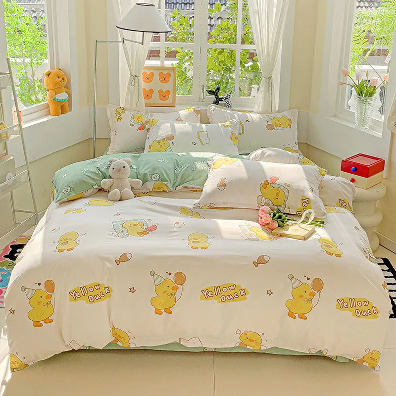 Afralia™ Cartoon Printed Bedding Set: Soft Cozy Duvet Cover, Bedsheet, Pillowcase, Single Double Bedclothes