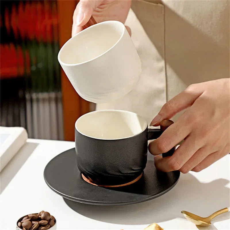 Afralia™ 130ml Blue Ceramic Retro Coffee Cup with Saucer, Wooden Handle