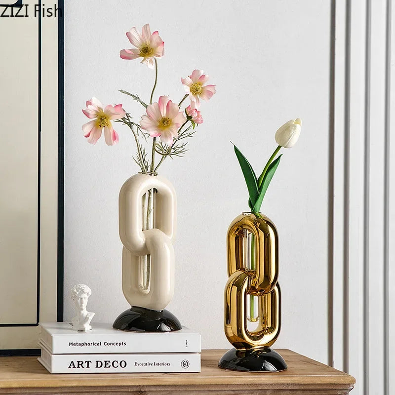 Afralia™ Chain Ceramic Vase: Elegant Floral Desk Decoration & Room Aestheticiece