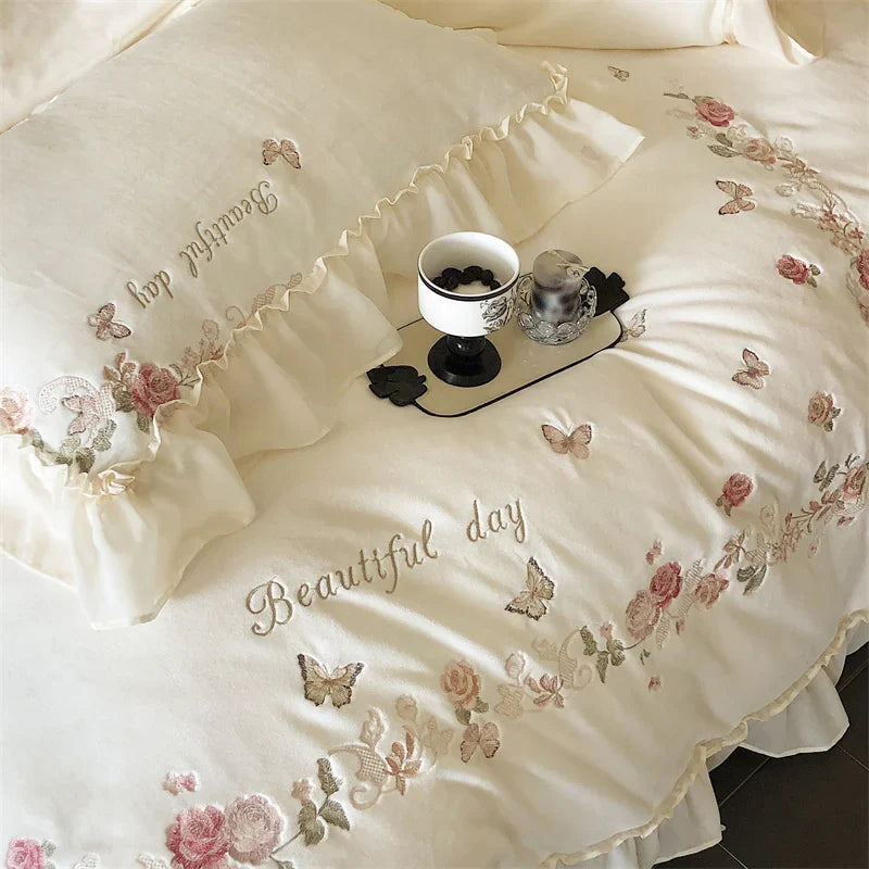 Afralia™ Rose Butterfly Embroidery Velvet Bedding Set with Lace Details