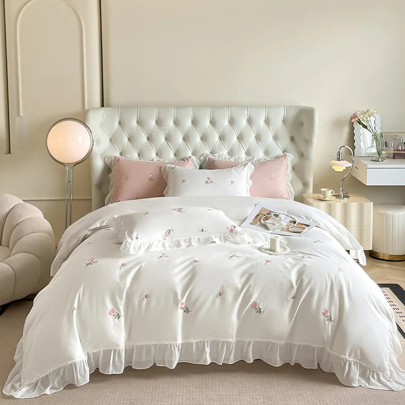 Afralia™ Rose Flowers Embroidery Lace Ruffles White Bedding Set - 100% Cotton Duvet Cover, Bed Sheet, Pillowcase