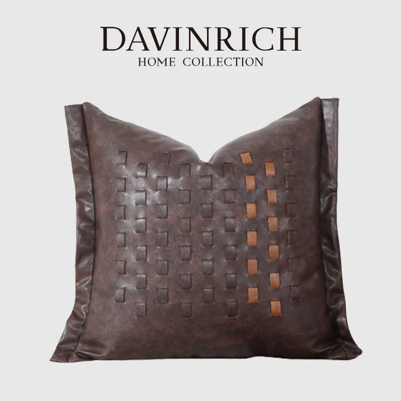 Afralia™ Brighton Cross Stitch Faux Leather Cushion Cover 45x45cm Brown