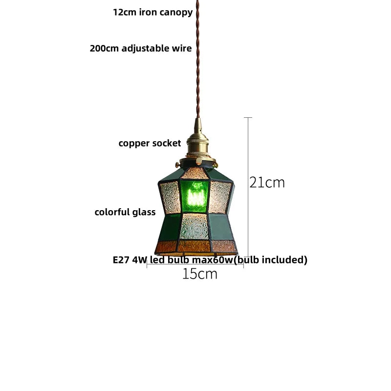 Afralia™ Copper Canopy LED Pendant Light Fixture Green Glass Hanging Lamp