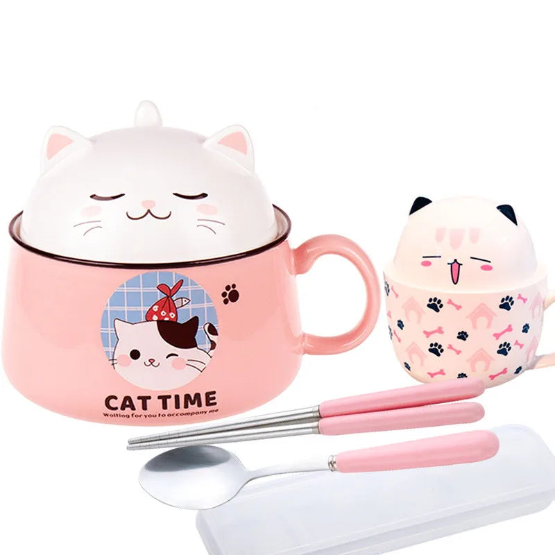 Afralia™ Ceramic Cat Mug with Spoon, Lid | Large Capacity Ramen Bowl Tiger Pig