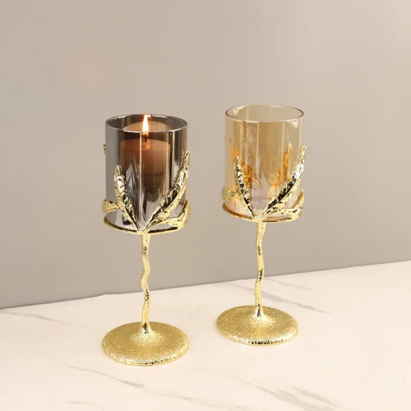 Afralia™ Glass Candle Holder with Golden Leaf Accent